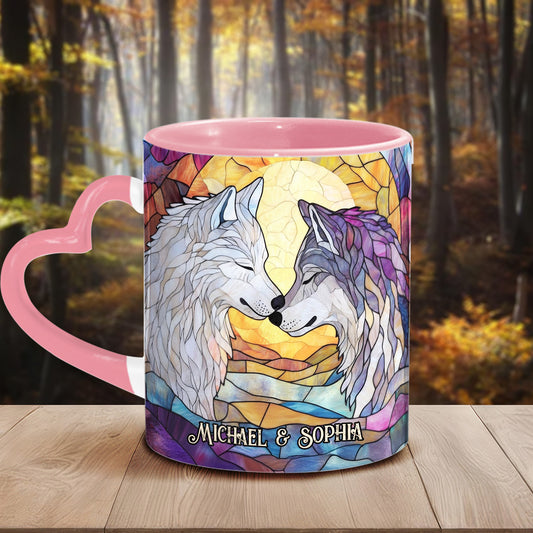 Wolf He Keeps Me Safe She Keeps Me Wild - Personalized Couple Heart Handle Mug