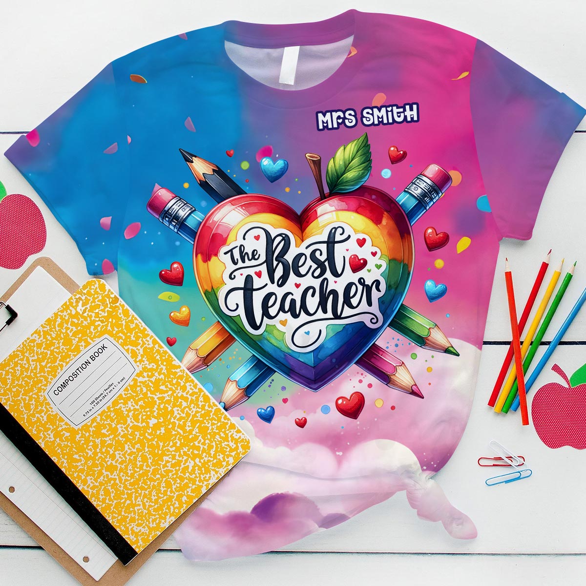 T-shirt personnalisé « Le meilleur professeur » avec un cœur coloré - T-shirt intégral