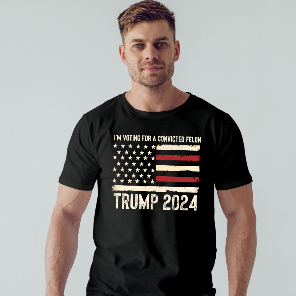 T-shirt « TRUMP Je vote pour un criminel condamné », T-shirt humoristique sur les élections, T-shirt graphique patriotique, Drapeau américain Président Trump