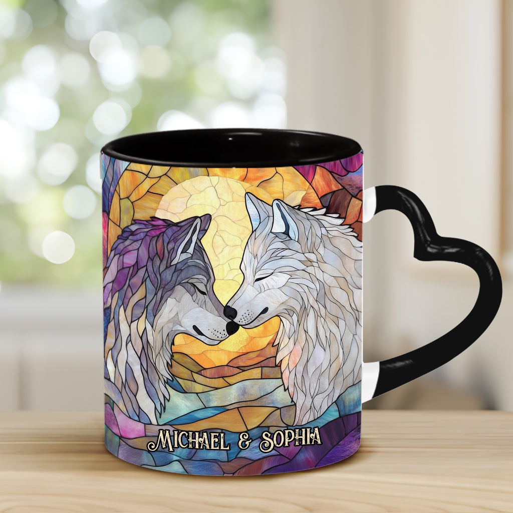 Wolf He Keeps Me Safe She Keeps Me Wild - Personalized Couple Heart Handle Mug