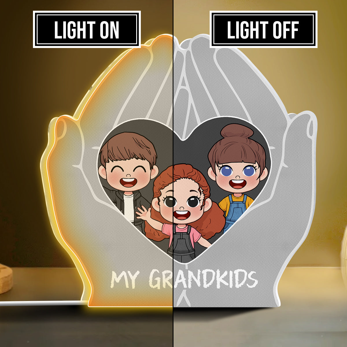 My Grandkids Chibi Hand Holding Heart - Personalized Grandma Shaped Light Box