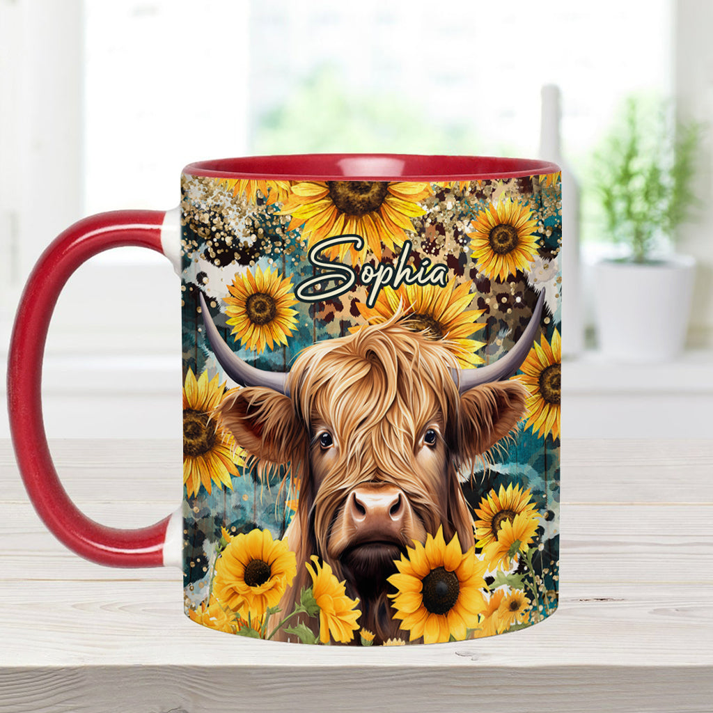 Highland Cow Among Sunflowers - Personalized Accent Mug