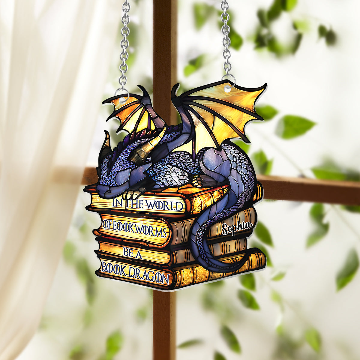 In The World Of Bookworms Be A Book Dragon - Personalized Book Window Hanging Suncatcher Ornament