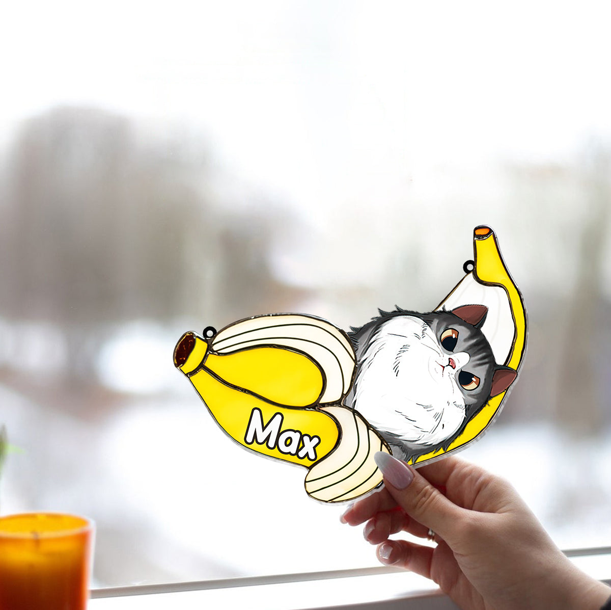 Funny Cat In A Banana - Personalized Cat Window Hanging Suncatcher Ornament