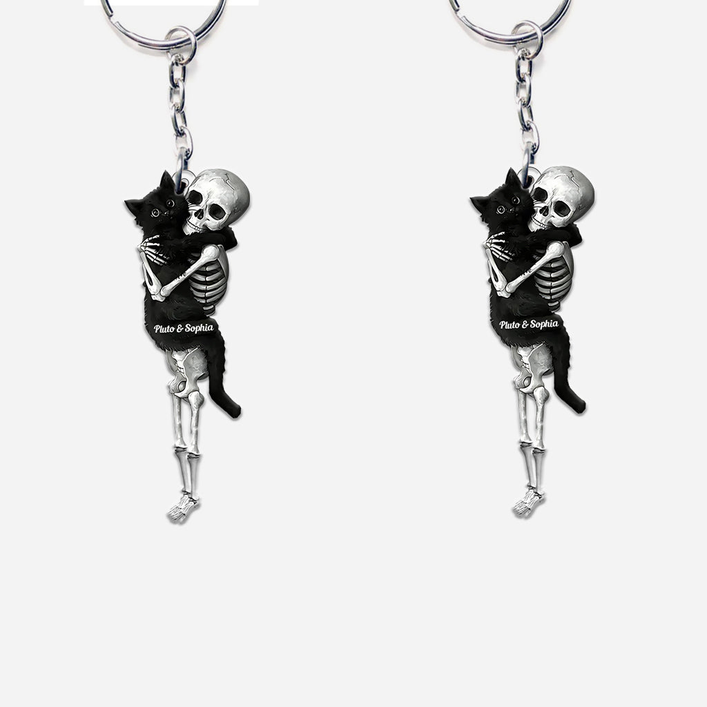 Funny Skeleton & Cat - Personalized Black Cat Custom Shaped Keychain