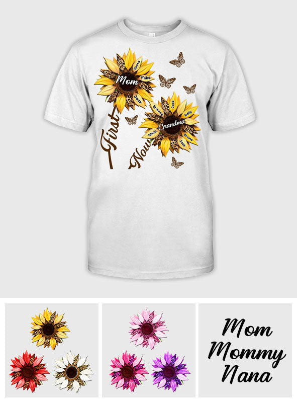 First Mom Now Grandma Sunflower - Personalized Grandma T-shirt And Hoodie
