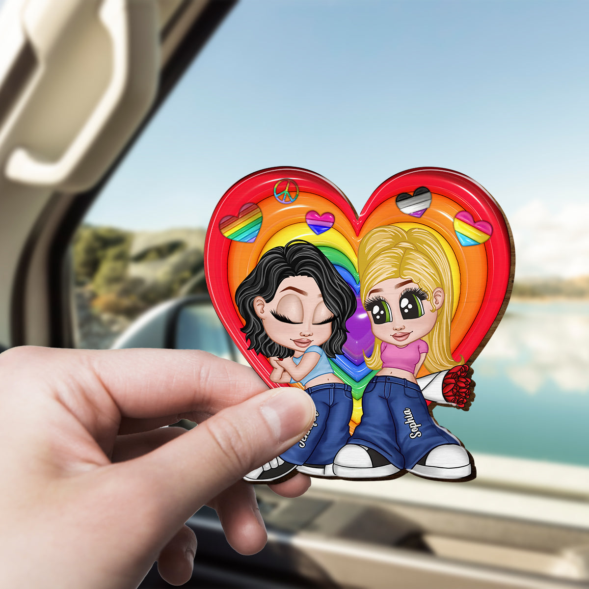 Chicano Y2K Pride Couple - Personalized LGBT Support Shaped Car Visor Clip