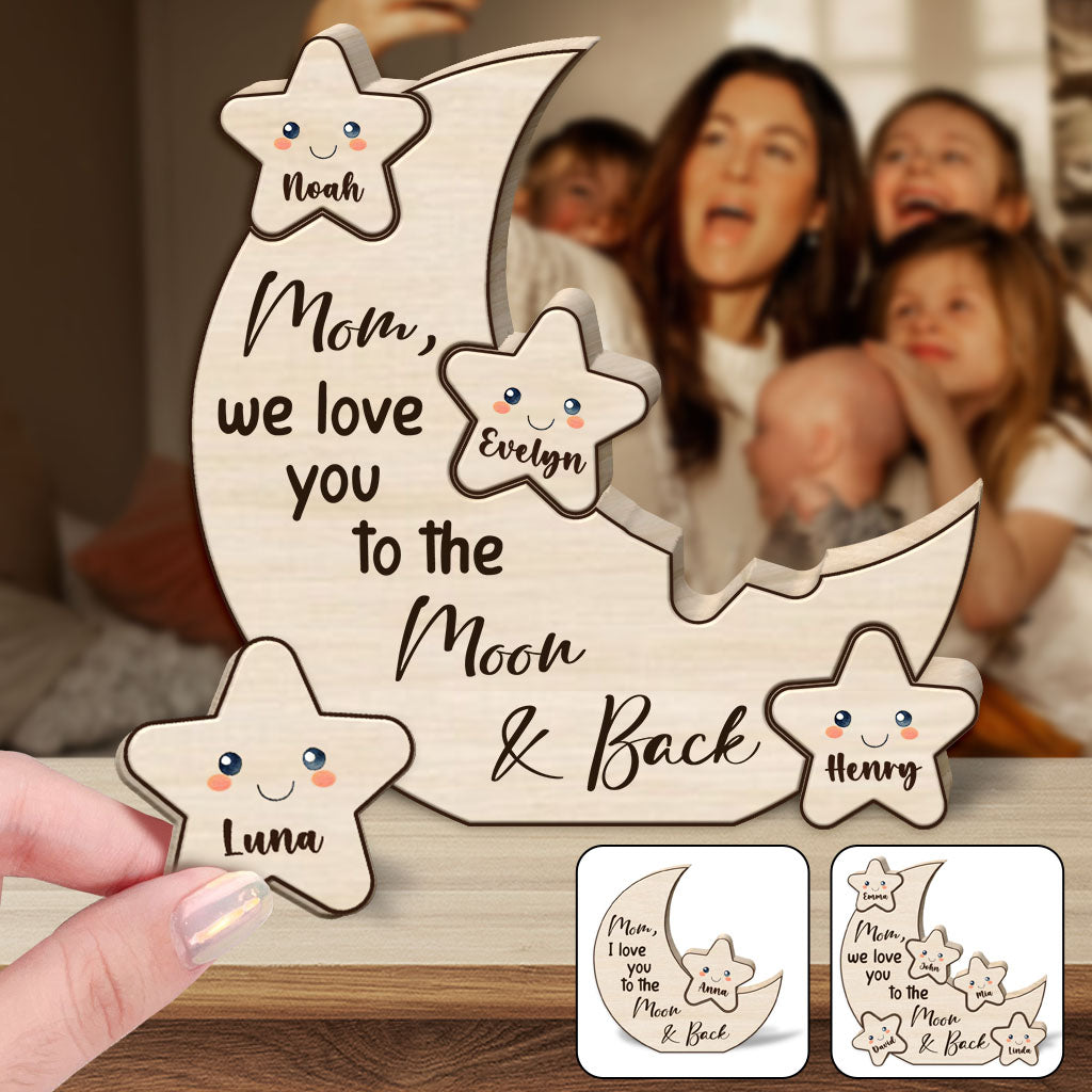 We Love You To The Moon And Back Little Stars - Personalized Mother Shaped Wooden Puzzle