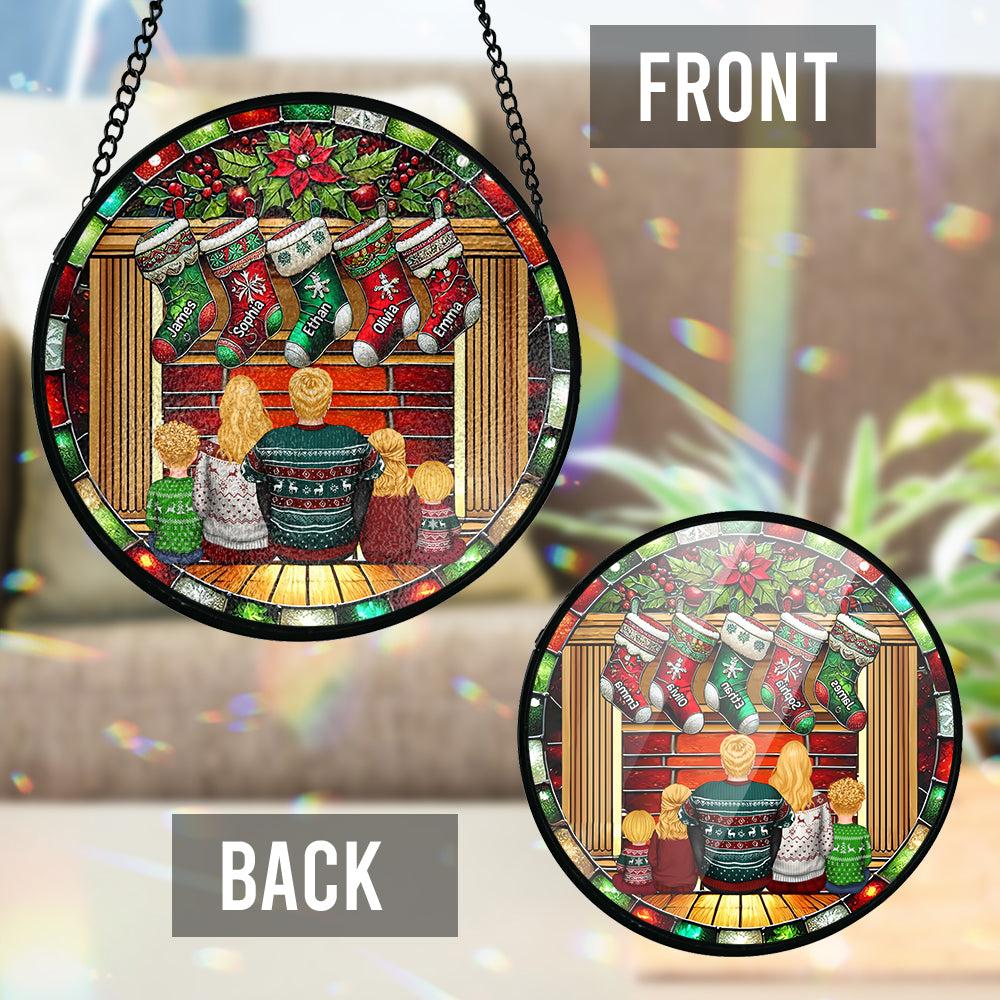 Happy Family Sitting By The Fireplace - Personalized Family Stained Glass Suncatcher