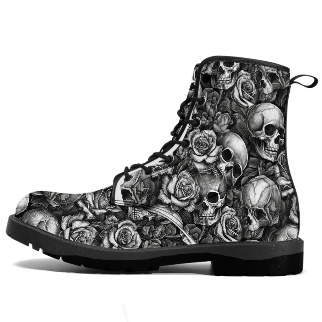 Skull Roses Black And White - Personalized Skull Leather Boots