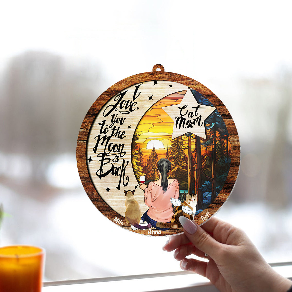 Je t'aime jusqu'à la lune et retour - Cadeau pour les amoureux des chiens et des chats, ou pour ceux qui ont perdu leur animal - Attrape-soleil personnalisé à suspendre à la fenêtre 