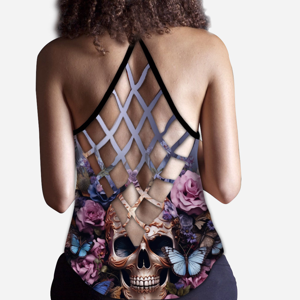 Beauty Of The Dark Skull Roses Butterflies - Personalized Skull Cross Tank Top