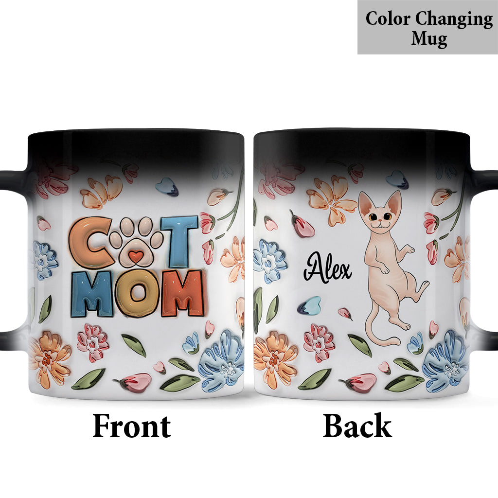Mug gonflable personnalisé « Maman Chat » à motif floral pastel - Mug chat
