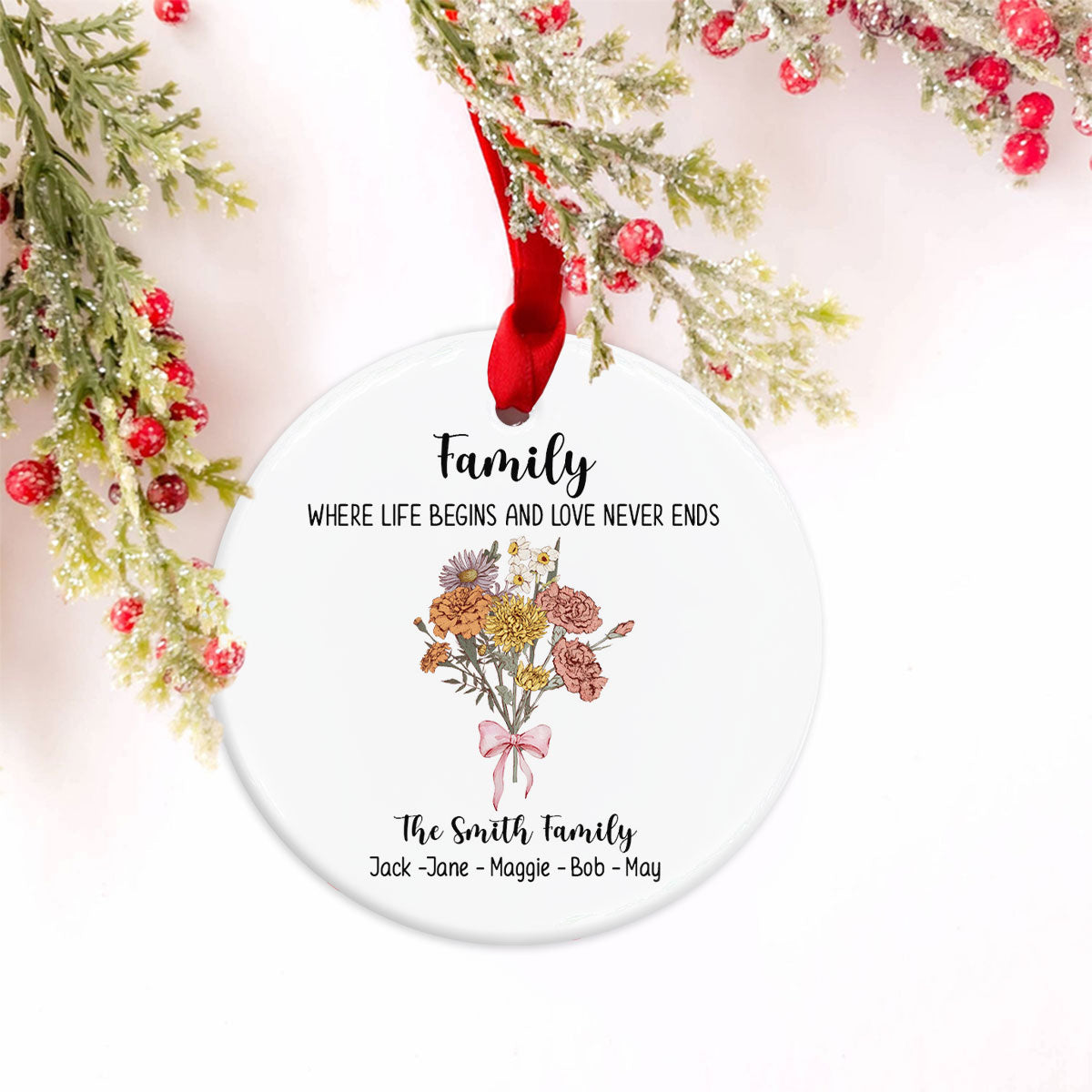 Family Where Life Begins and Love Never Ends - Personalized Family Ceramic Circle Ornament