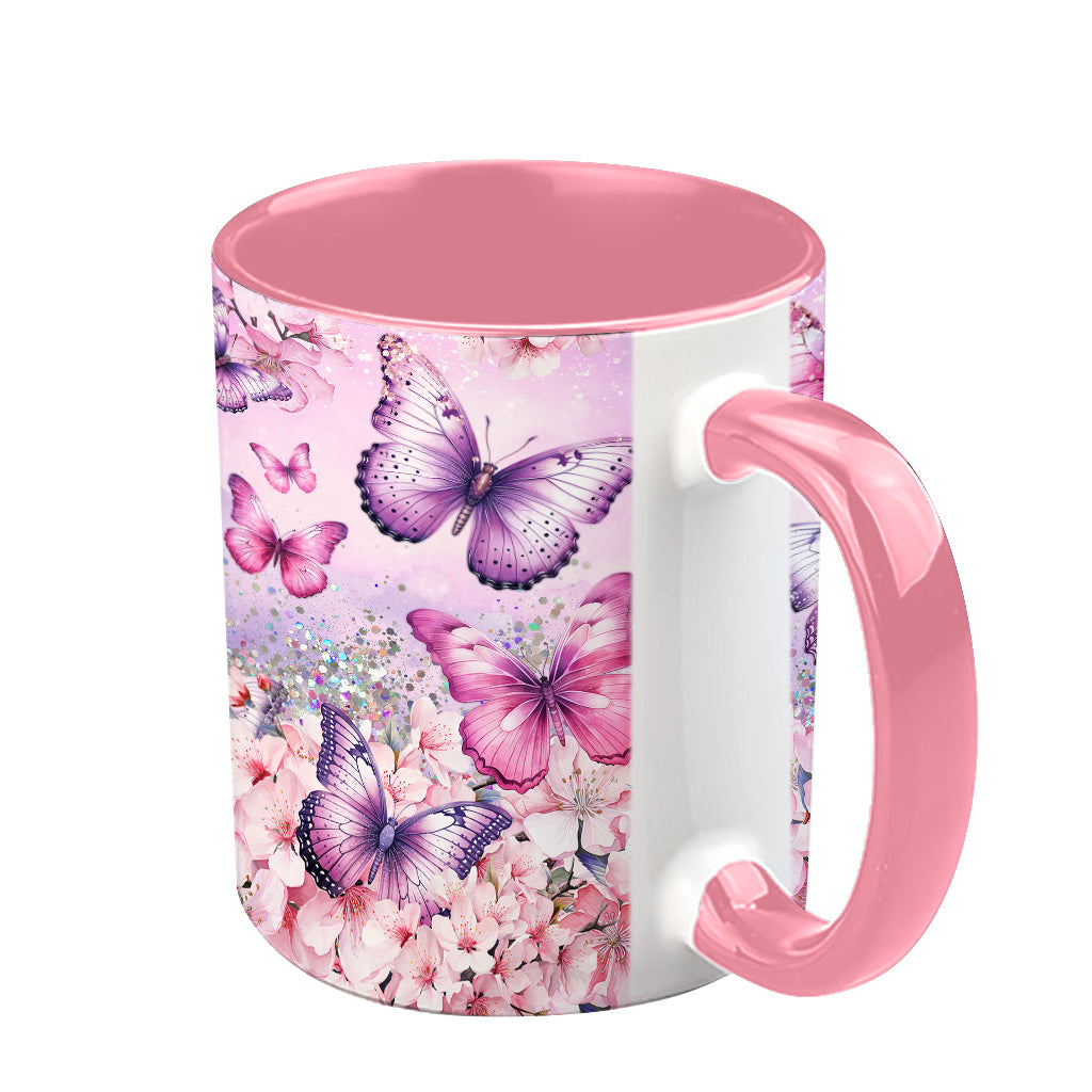 Pink Floral Butterfly - Personalized Butterfly Accent Mug