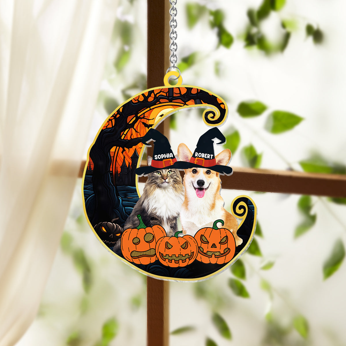 Niedliche Halloween-Haustiere – Personalisierter Hunde-Fensterhänger als Sonnenfänger 