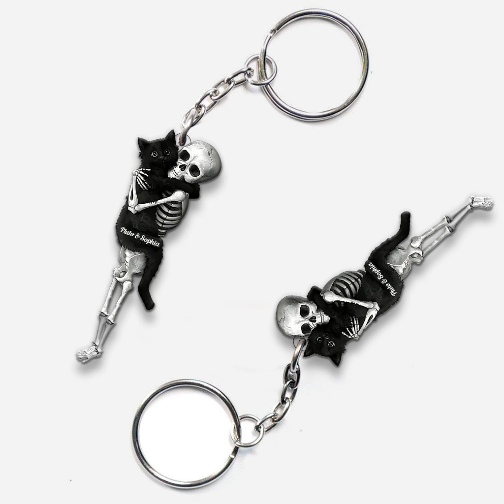 Funny Skeleton & Cat - Personalized Black Cat Custom Shaped Keychain