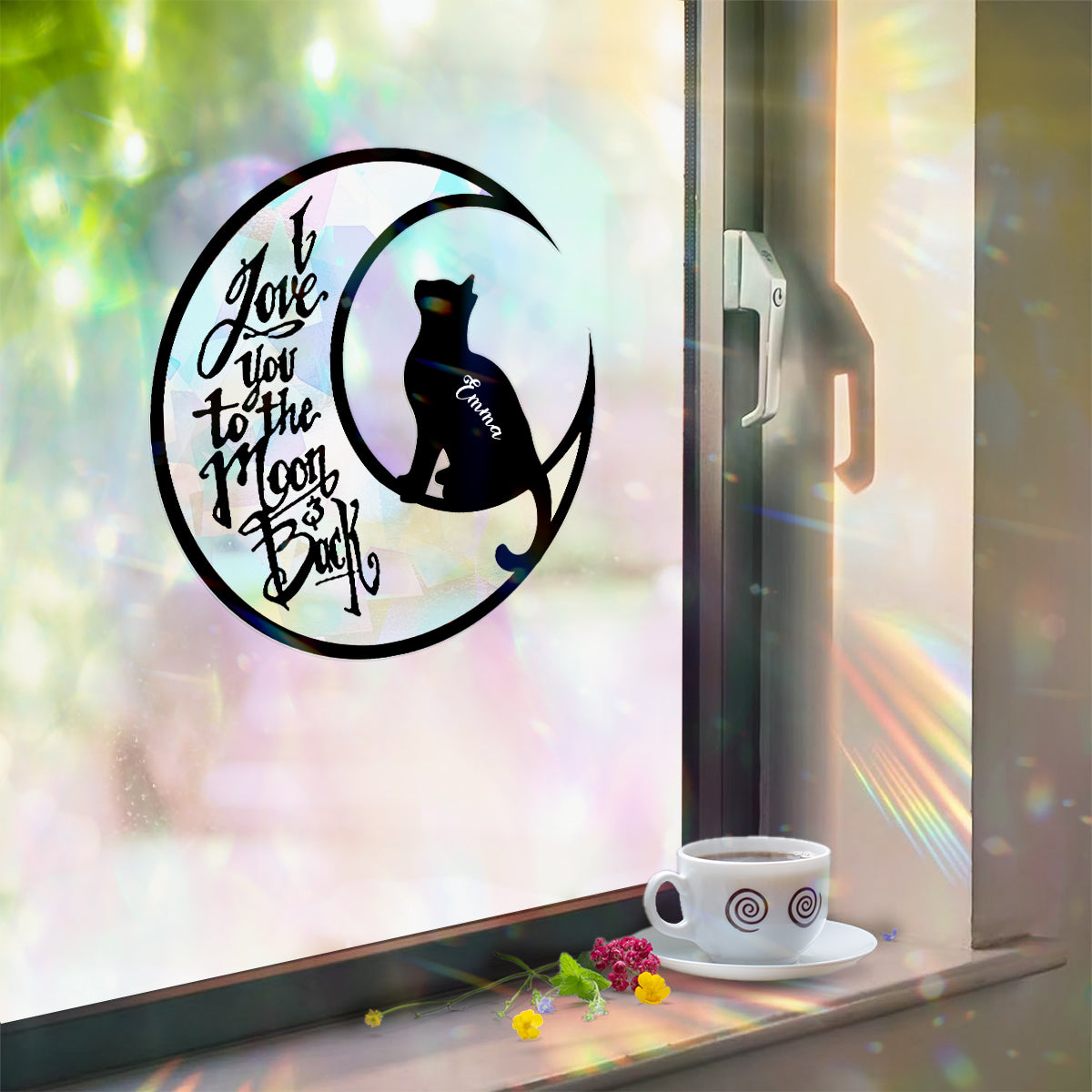 Ich liebe dich bis zum Mond und zurück – Personalisierter Katzen-Sonnenfänger-Aufkleber