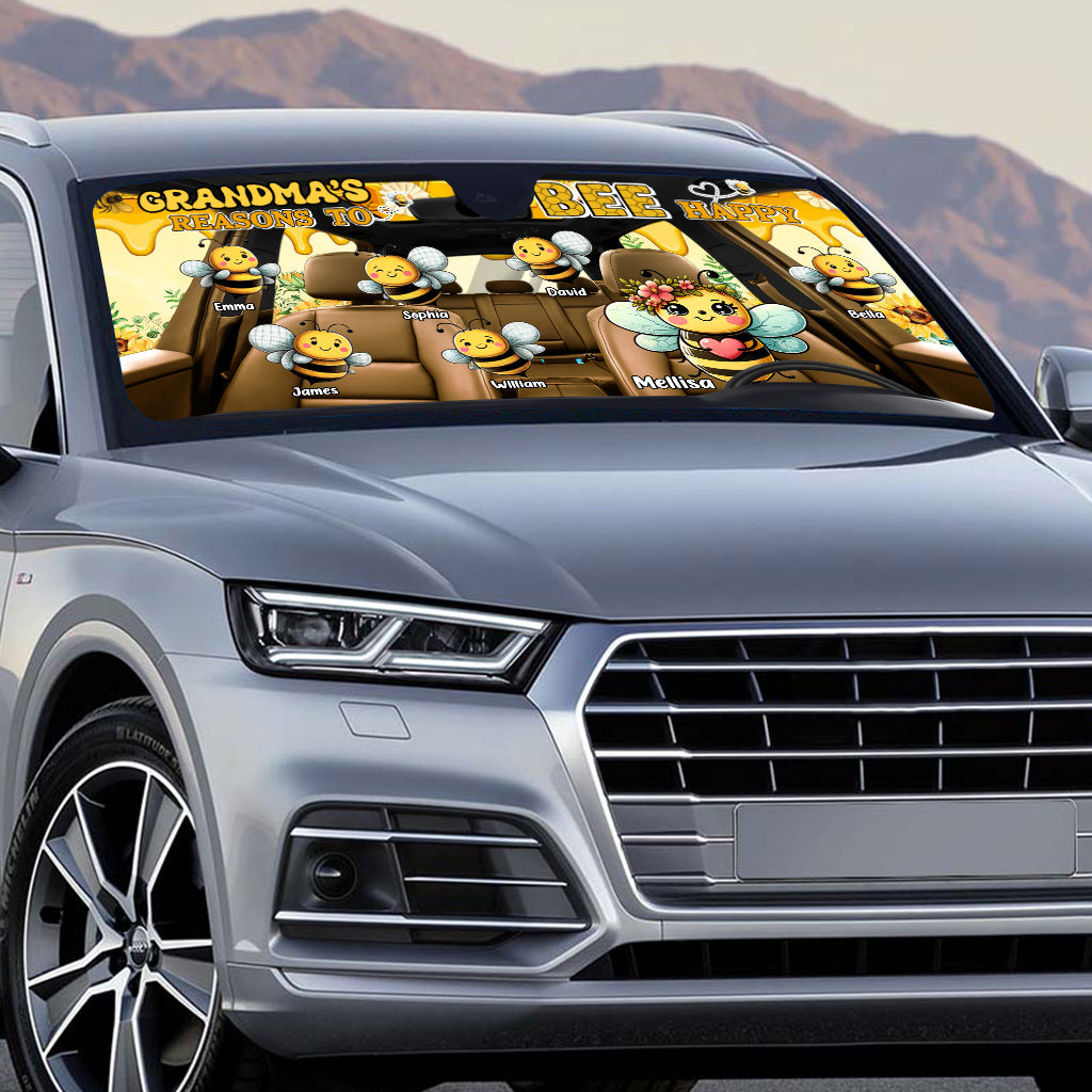 Grandma's Reasons To Bee Happy - Personalized Grandma Car Sunshade