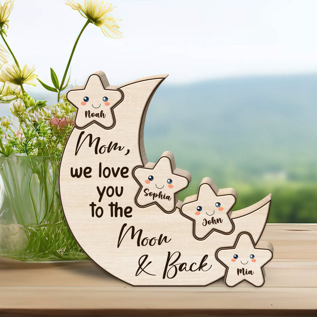 We Love You To The Moon And Back Little Stars - Personalized Mother Shaped Wooden Puzzle