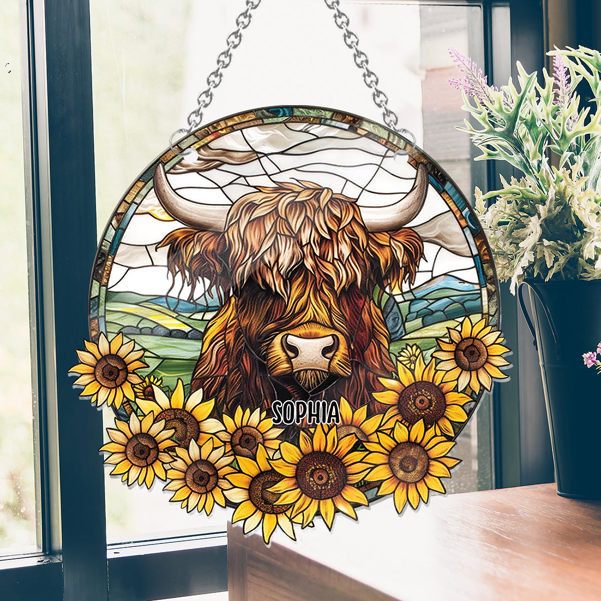 Babykuh-Sonnenblume – Personalisierter Fensterhänger-Sonnenfänger