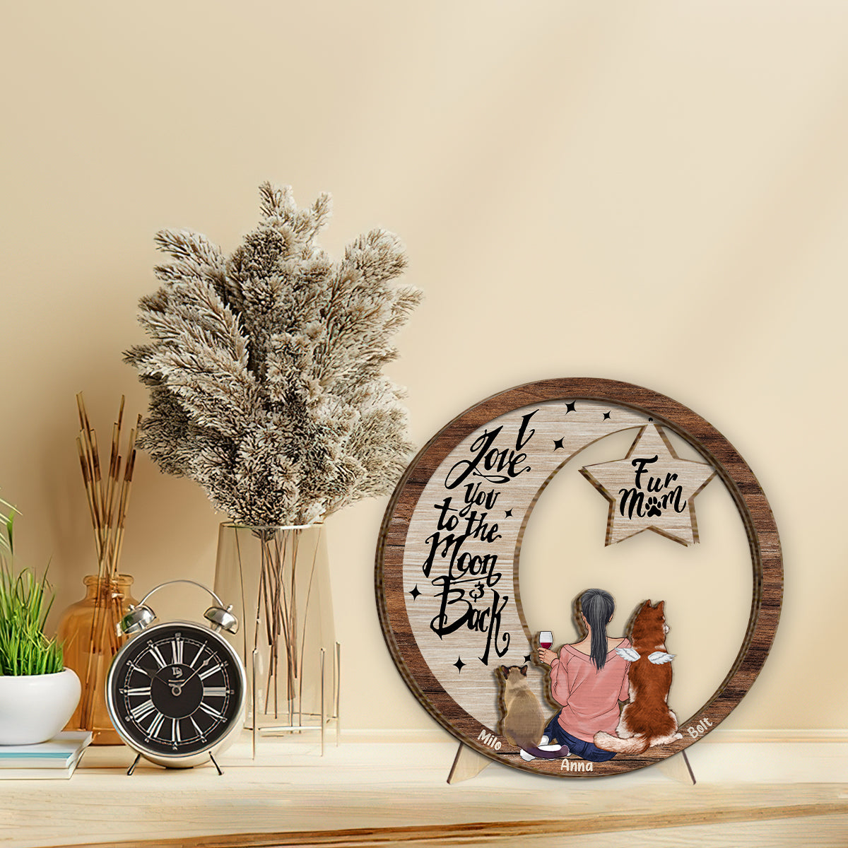 Ich vermisse dich, ich weiß, ich liebe dich bis zum Mond und zurück – Personalisiertes zweilagiges Holzschild mit Hundemotiv / Holzplakette