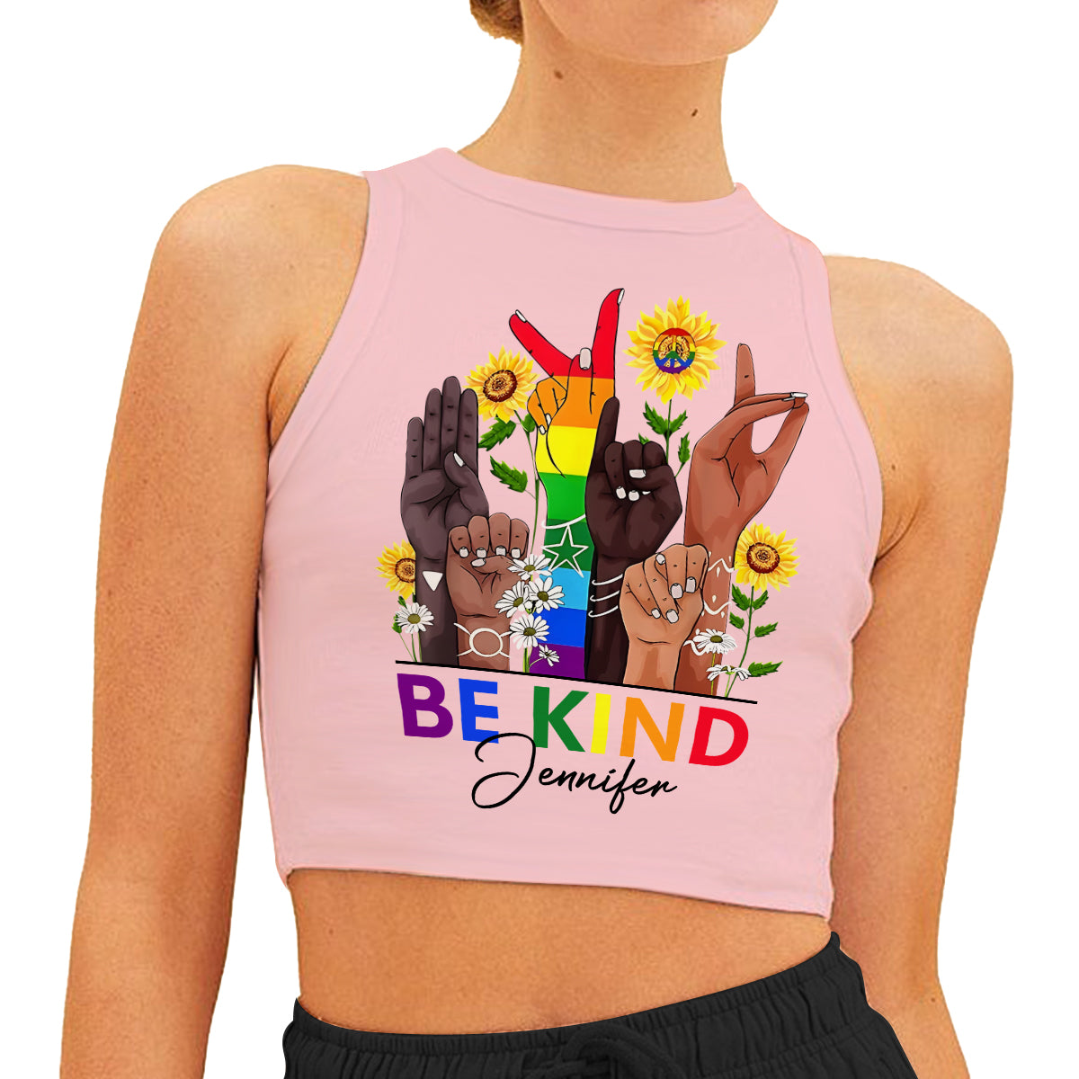 Be Kind Sign Language Rainbow Peace Sign - Personalized LGBT Support Crop Tank Top