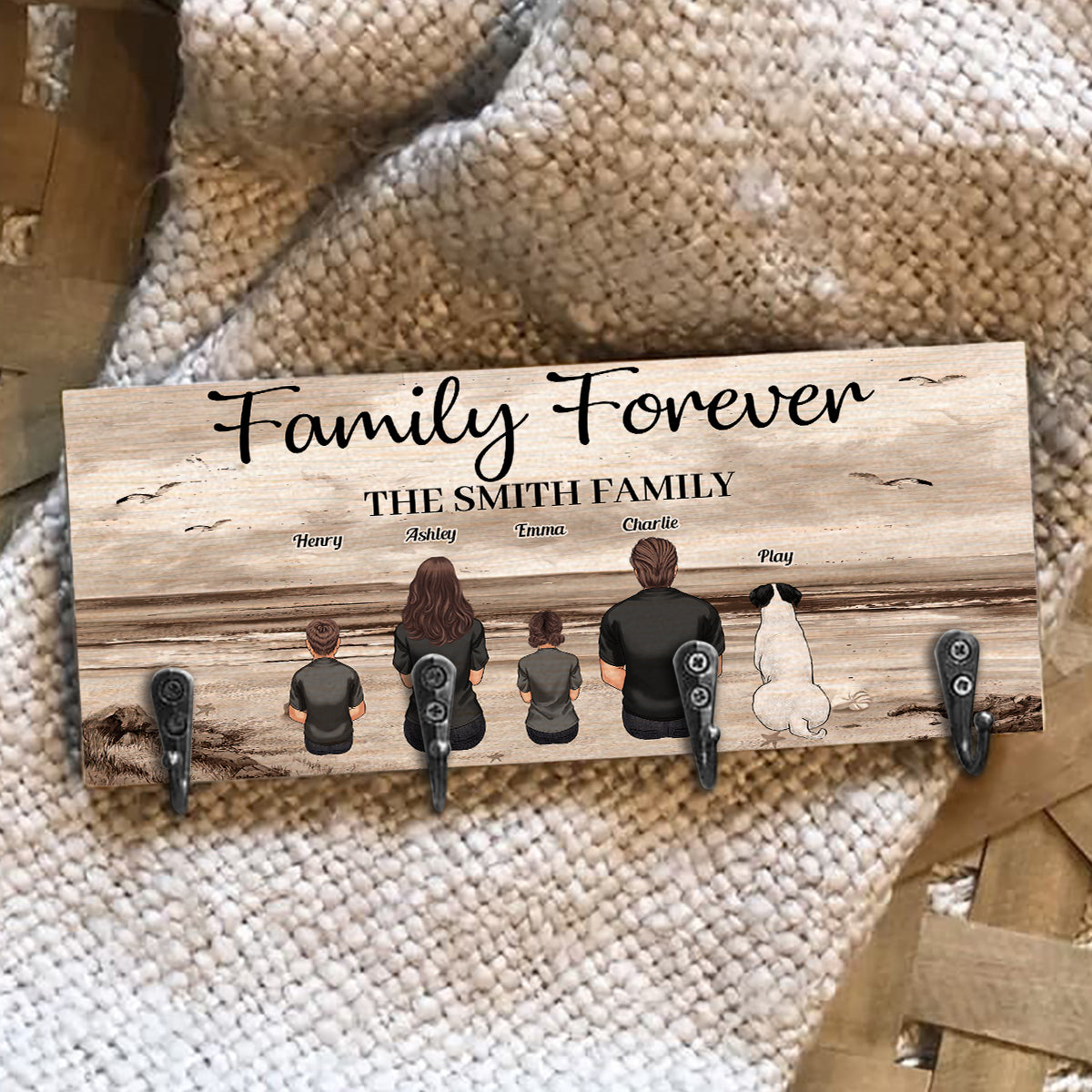 Family Forever Beach Landscape Vintage Version - Personalized Family Key Rack