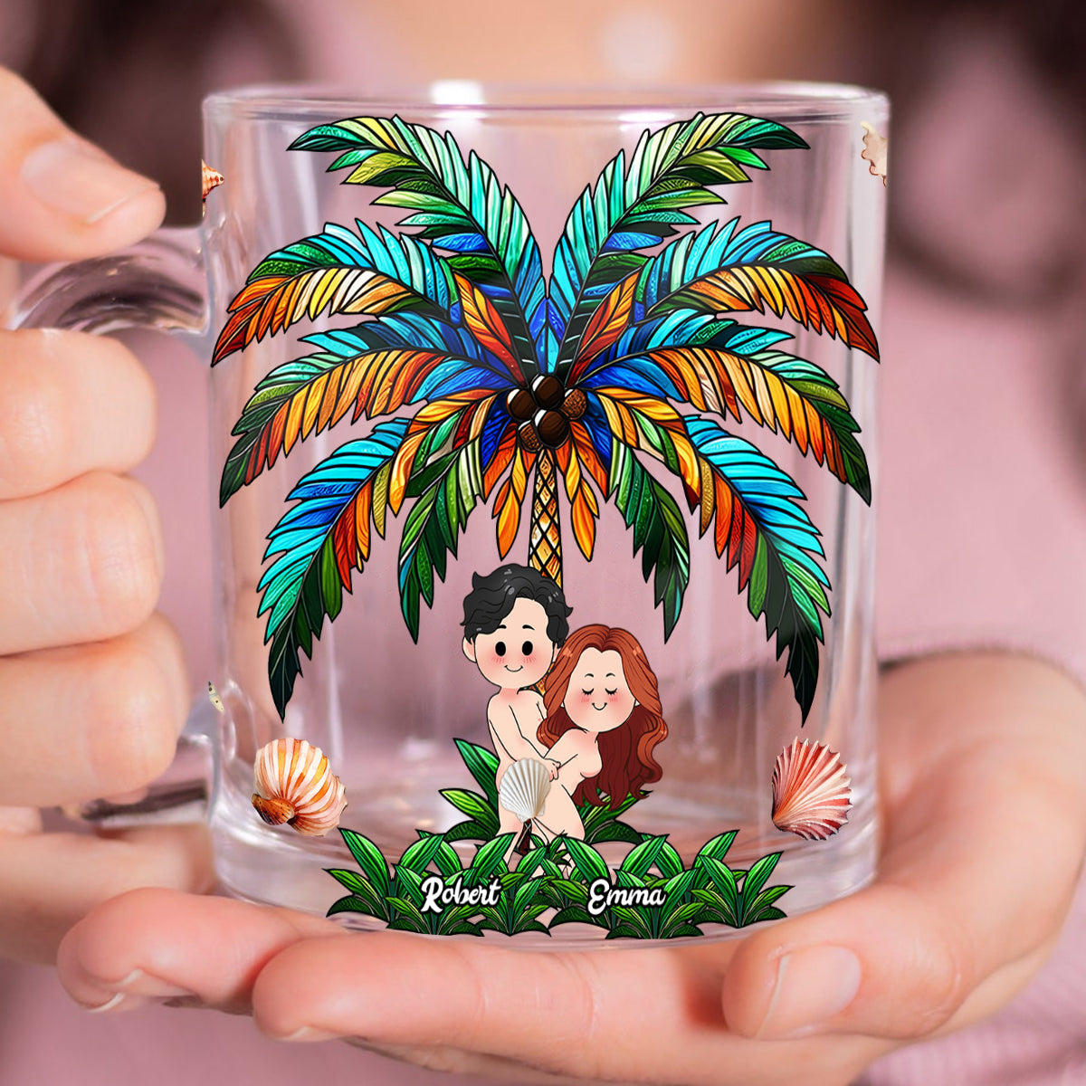 I Fcking Love You Palm Tree Happy Couple - Personalized Couple Glass Mug
