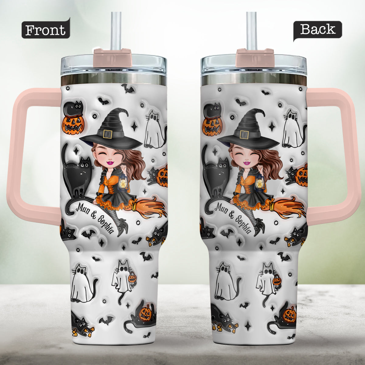 Cute Witch Halloween Ghost Boo Cat - Personalized Witch Tumbler With Handle