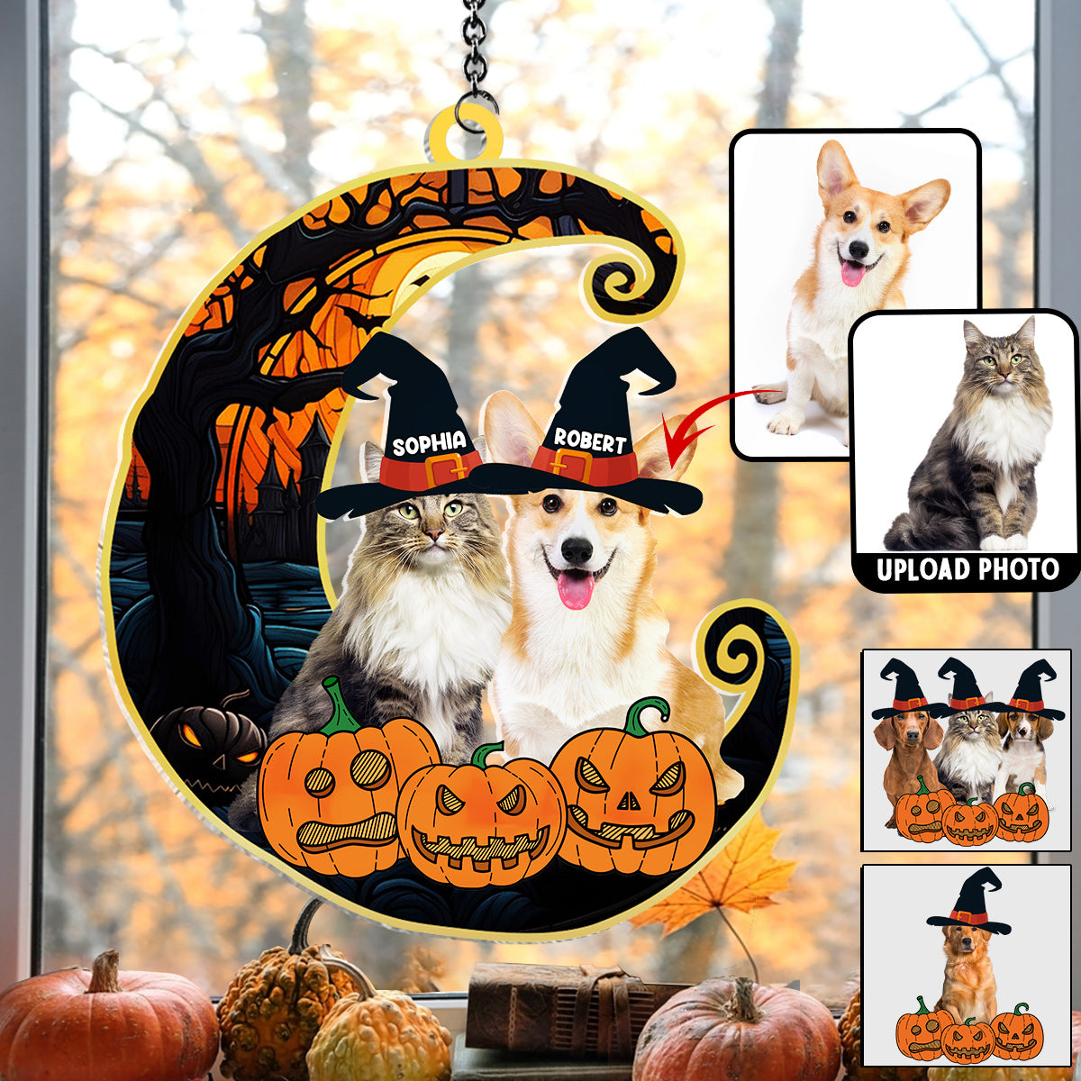 Niedliche Halloween-Haustiere – Personalisierter Hunde-Fensterhänger als Sonnenfänger 