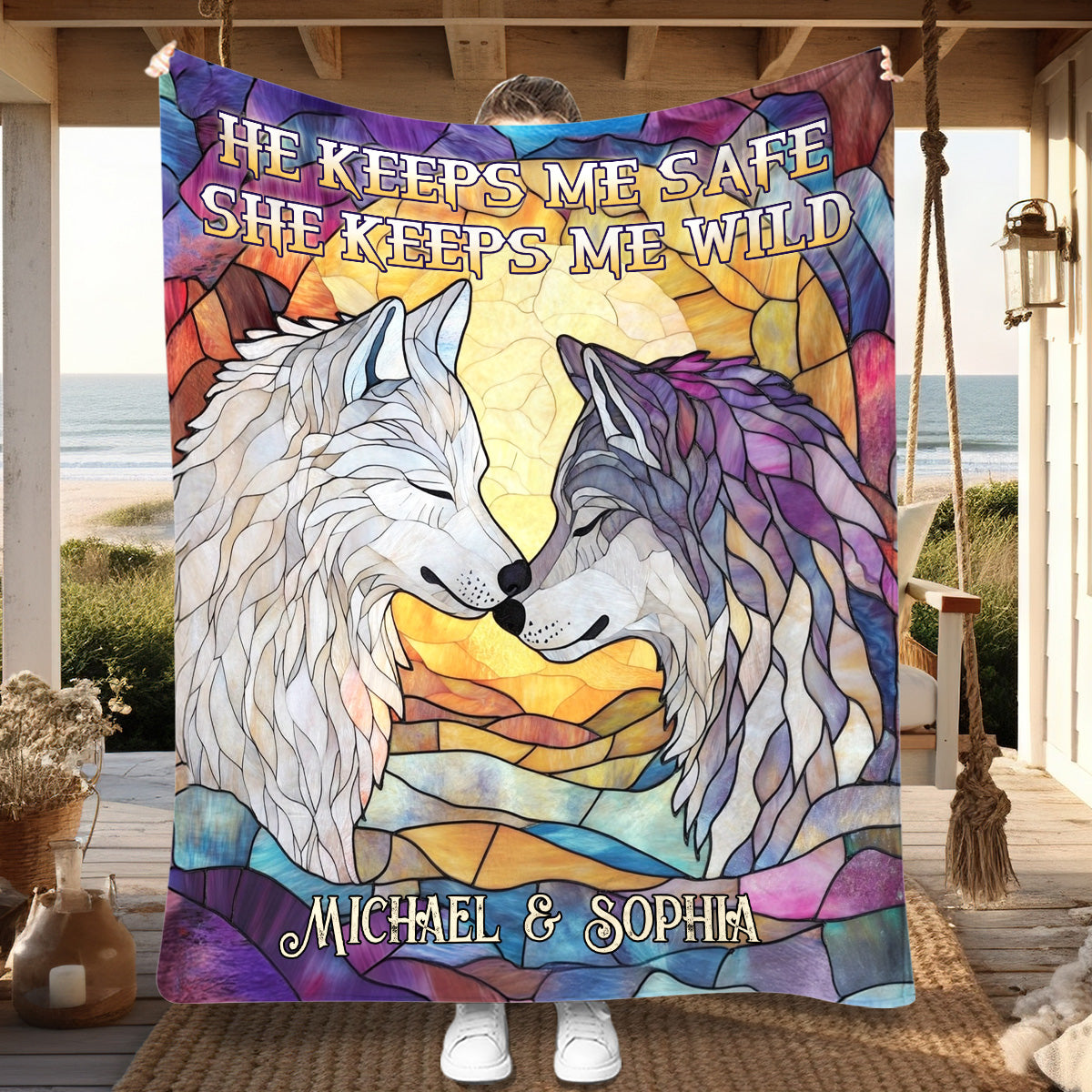 Wolf He Keeps Me Safe She Keeps Me Wild - Personalized Couple Blanket