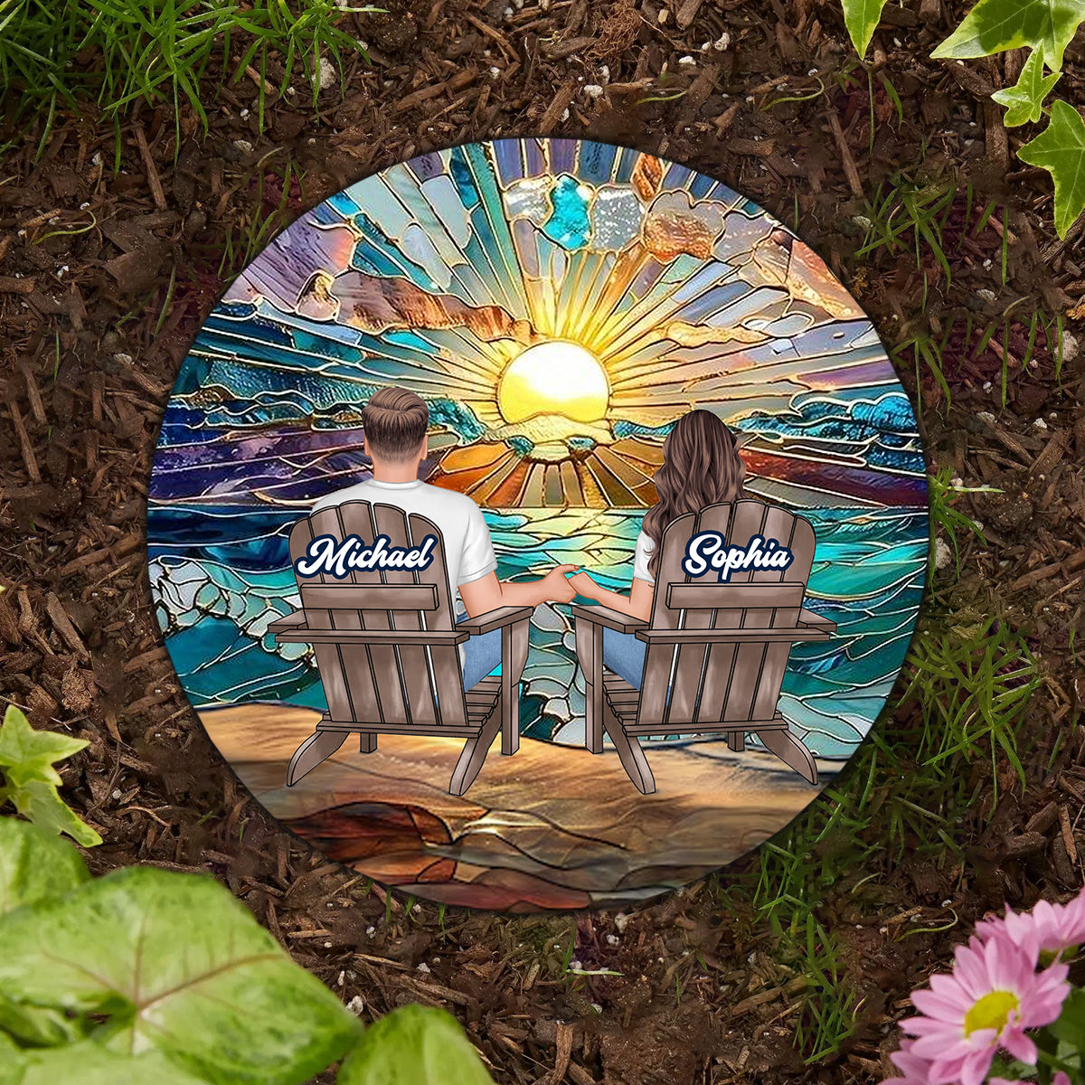 Happy Couple Enjoying Romantic Beach - Personalized Couple Round Shaped Stone