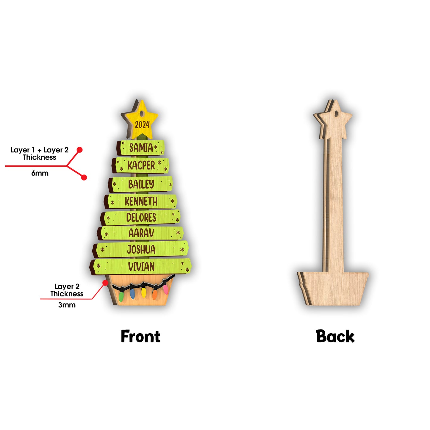 Family Tree Ornament - Personalized Family 2 Layered Piece Ornament