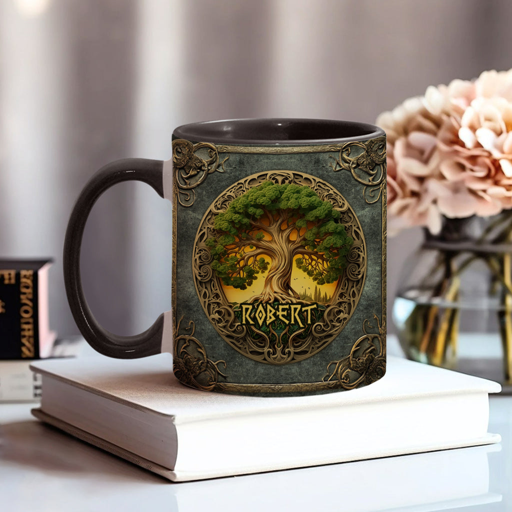 Lebensbaum-Motiv, skandinavische Mythologie, rustikaler Stil – personalisierte Tasse mit irischem Akzent
