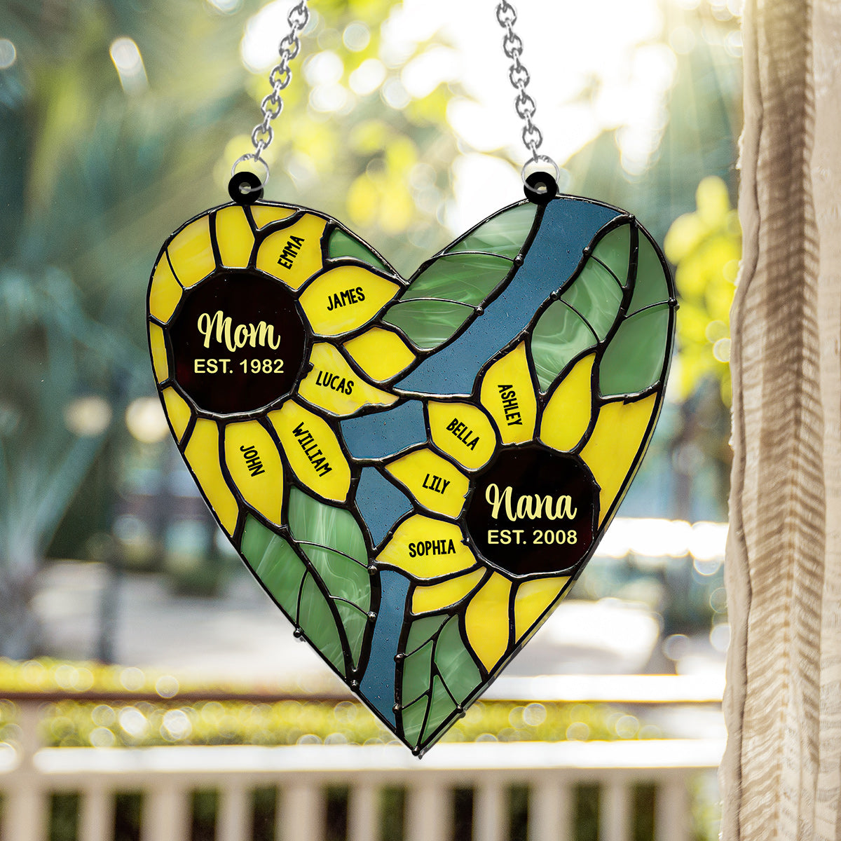 Mom Grandma Green Heart Sunflower - Personalized Grandma Window Hanging Suncatcher Ornament