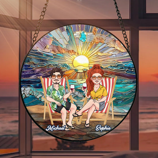 Happy Couple Enjoying Romantic Beach - Personalized Couple Stained Glass Suncatcher