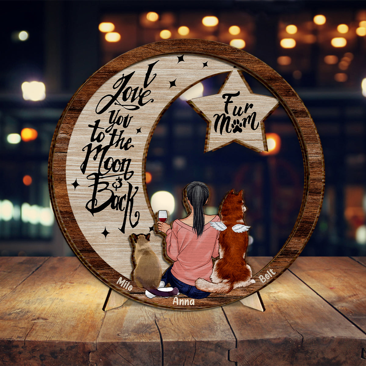 Ich vermisse dich, ich weiß, ich liebe dich bis zum Mond und zurück – Personalisiertes zweilagiges Holzschild mit Hundemotiv / Holzplakette