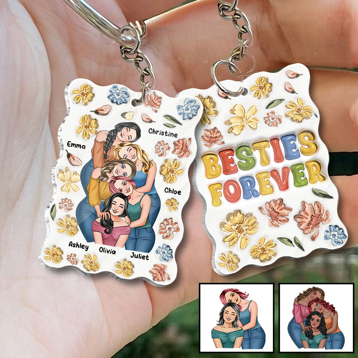 Besties Forever Floral Style - Personalized Bestie Keychain