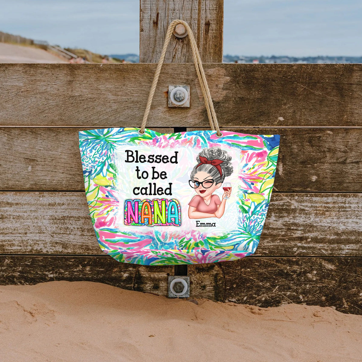 Grandma Nana Gigi Scribble Doodle Grandkid - Personalized Grandma Beach Bag