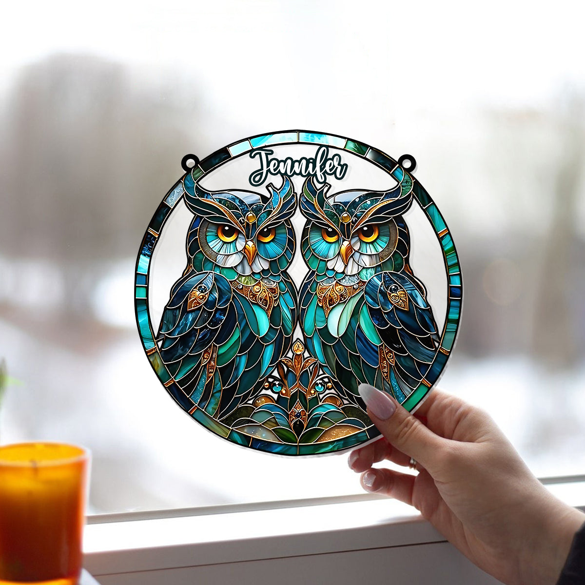 Beautiful Owls - Personalized Owl Window Hanging Suncatcher Ornament