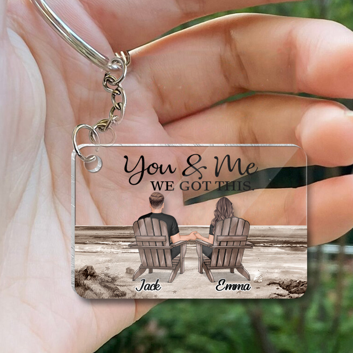 Couple Sitting Back View Retro Vintage Beach Landscape - Personalized Couple Transparent Keychain