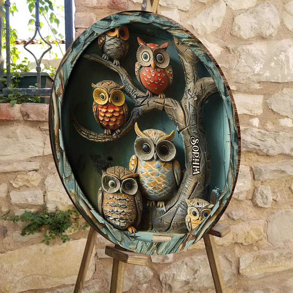 Vintage Owl - Personalized Owl Round Wood Sign