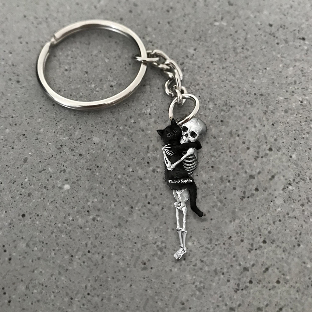 Funny Skeleton & Cat - Personalized Black Cat Custom Shaped Keychain