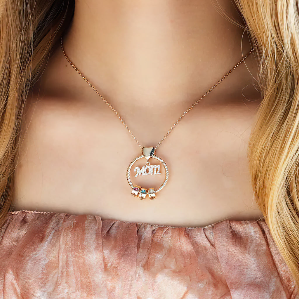 Round Pendant Mom's Necklace With Charms - Personalized Mother Round Pendant Mom's Necklace With Charms