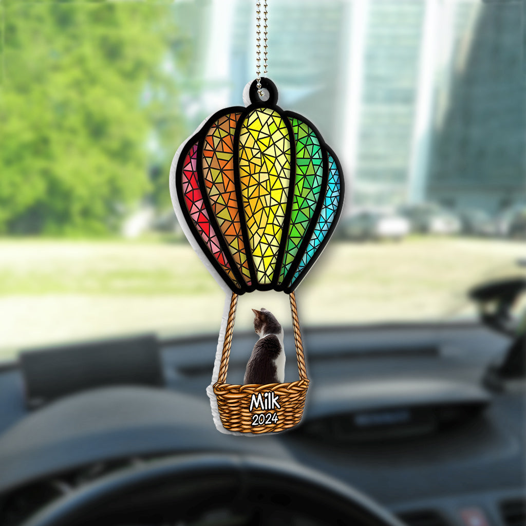 Katze und Hund fliegen mit Heißluftballon – Personalisierter transparenter Autoanhänger mit Katze