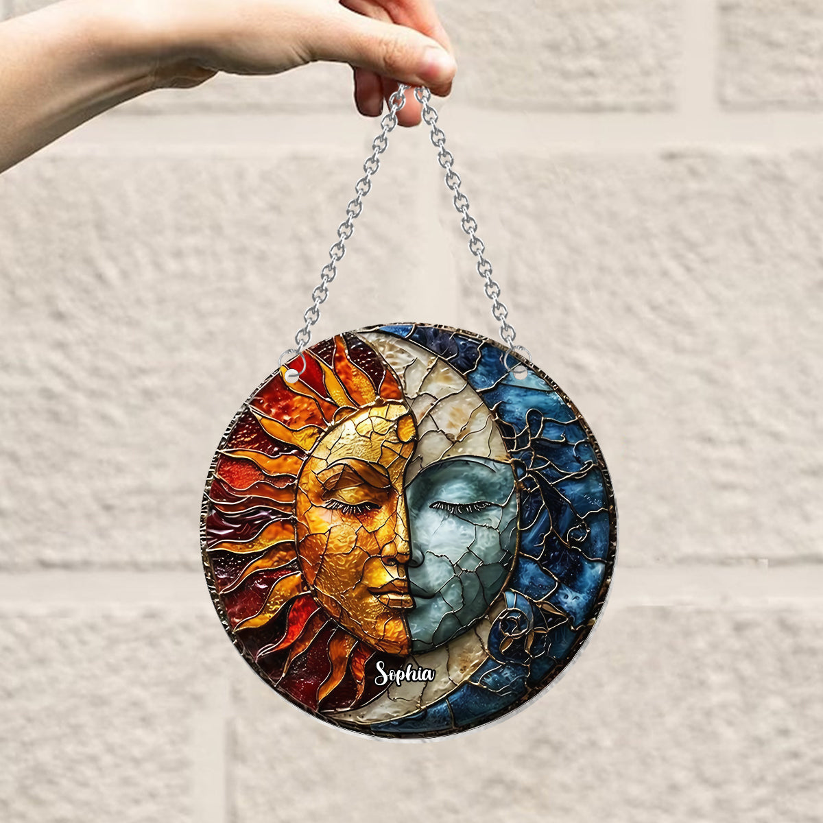 Live By The Sun Love By The Moon - Personalized Hippie Window Hanging Suncatcher Ornament