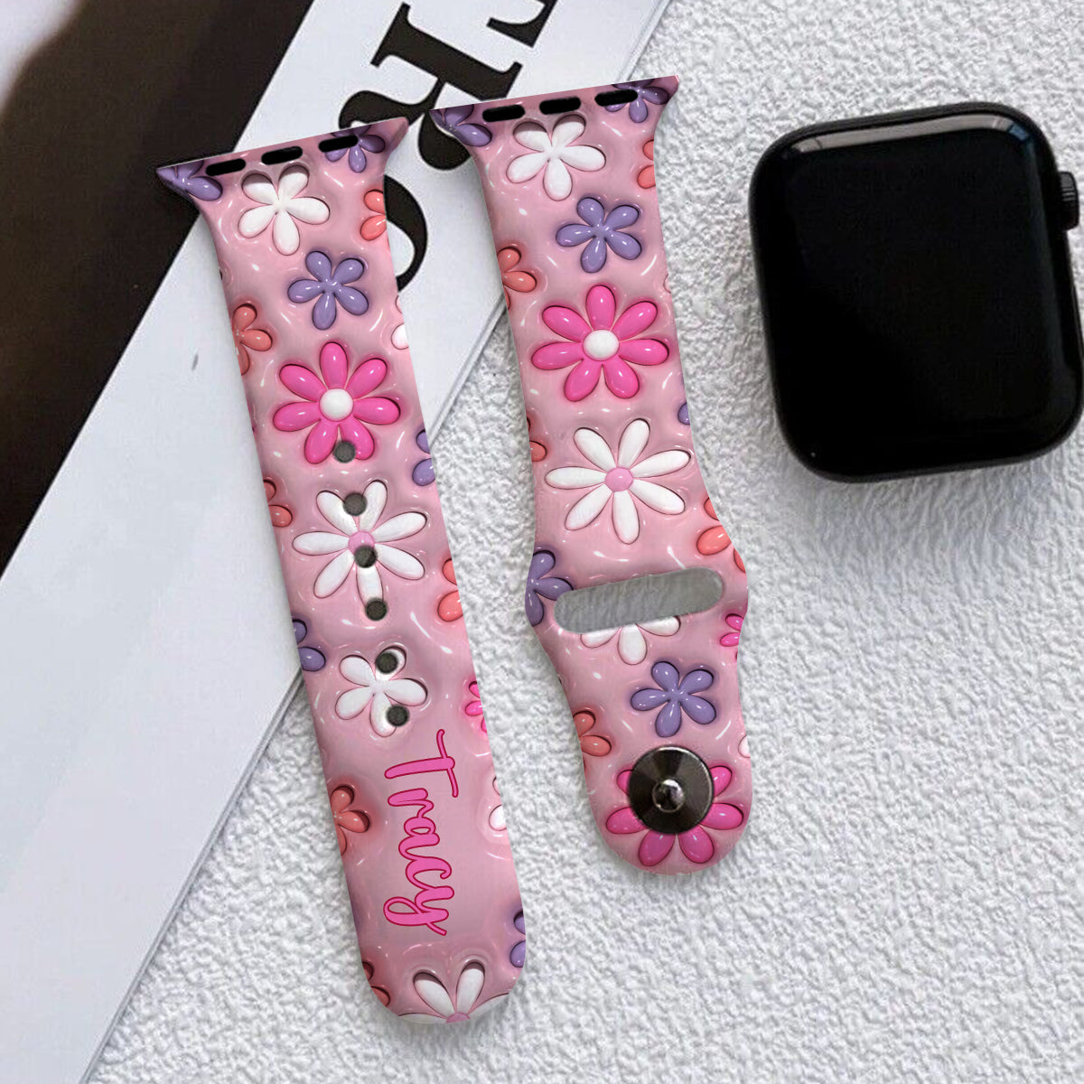 Bracelet Apple Watch rose fleuri et bouffant - Bracelet Apple Watch personnalisé