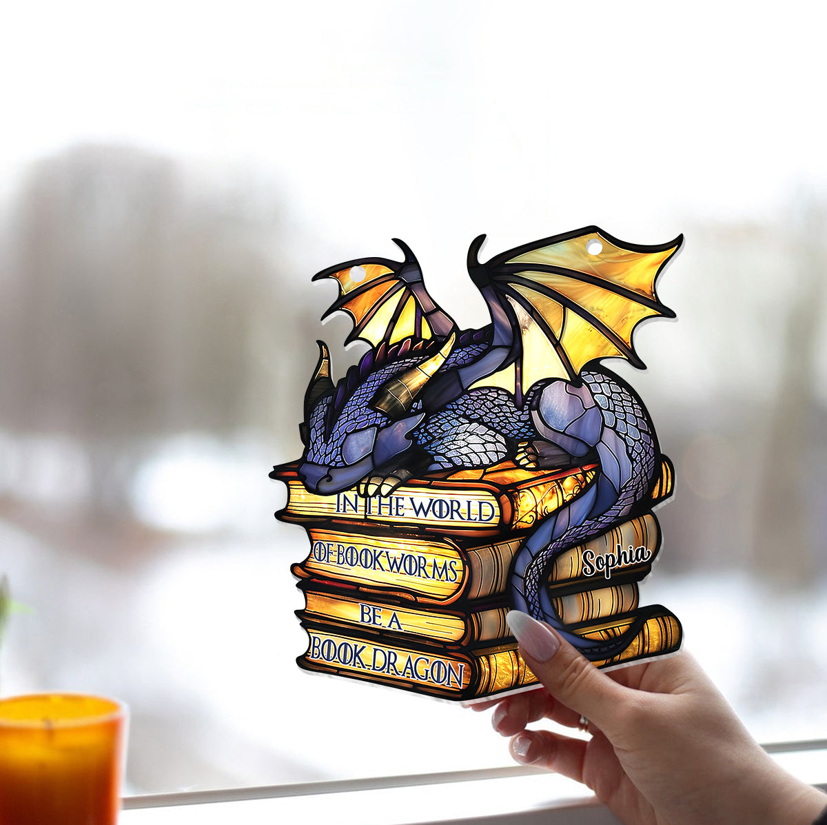In The World Of Bookworms Be A Book Dragon - Personalized Book Window Hanging Suncatcher Ornament