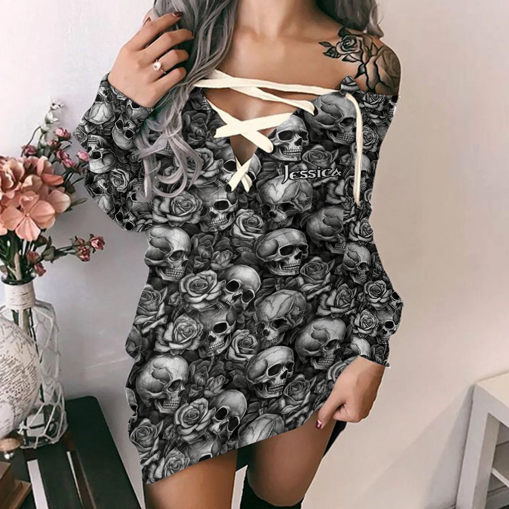 Skull Roses Black And White - Personalized Skull Off Shoulder Long Sleeve Dress